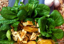 Feldsalat mit Koriander - Knoblauch - Rosmarin Dressing und Curry - Bananenspieß